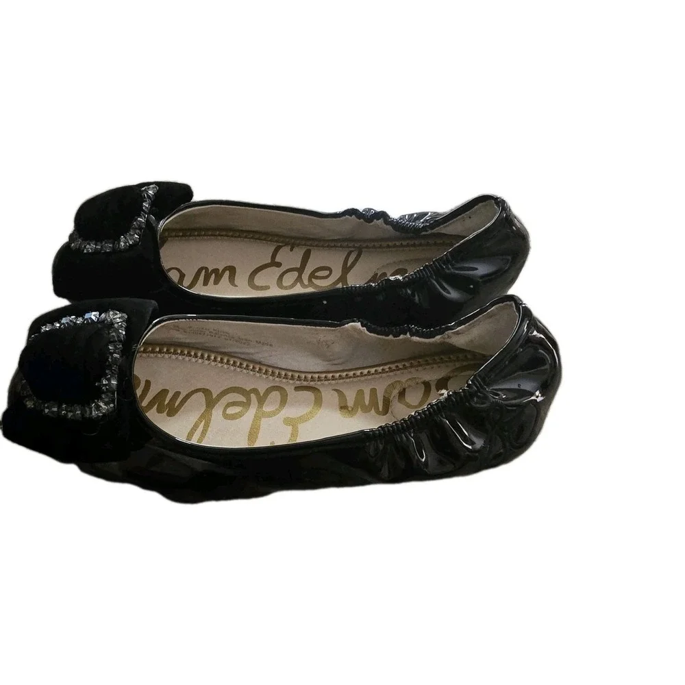 Sam Edelman Farah‎ Girls Black Patent Ballet Flats Jeweled Velvet Buckle US 4M